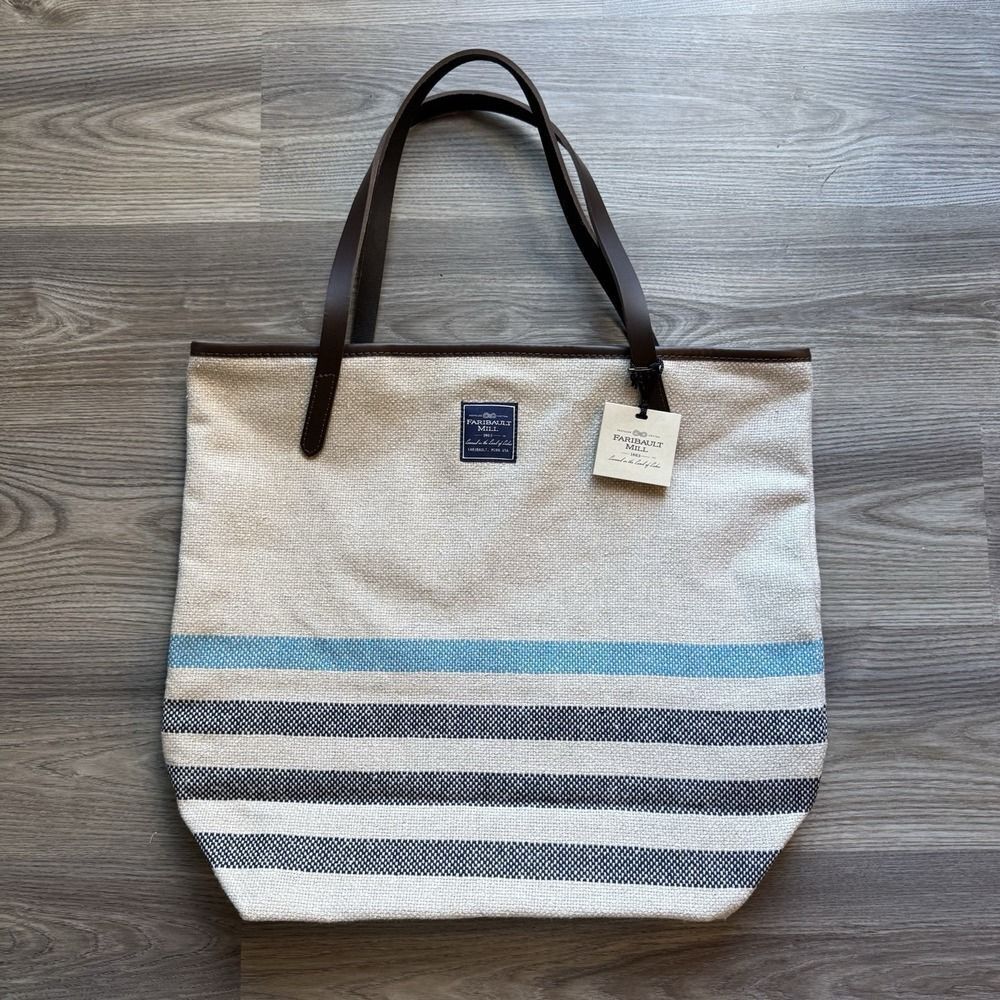 Faribault Woolen Mills Cotton Tote Bag MADE IN USA Leather Straps NWT Blue